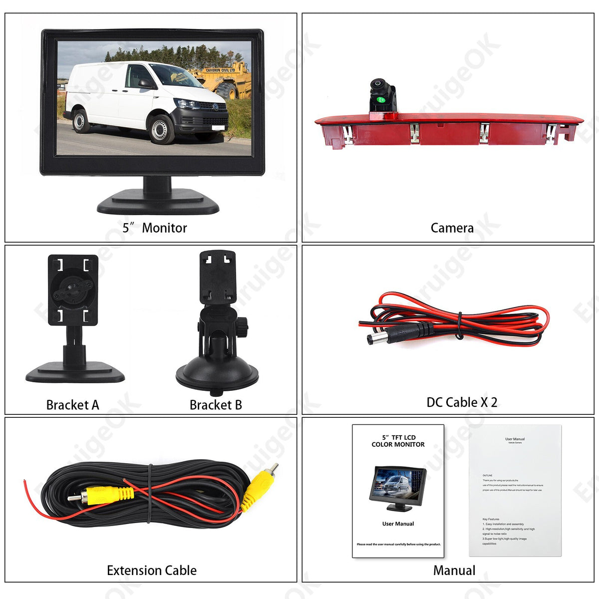 3rd Brake Light Rear View Backup Camera and Monitor Kit for VW Transporter T618