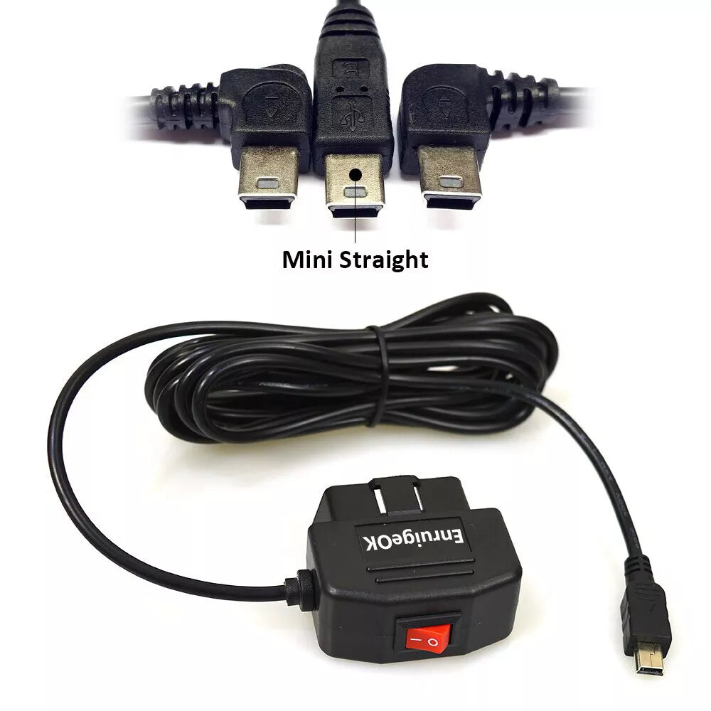 Mini USB to OBD2 Charging Cable Power Adapter with Switch Button for Car Dash Cam