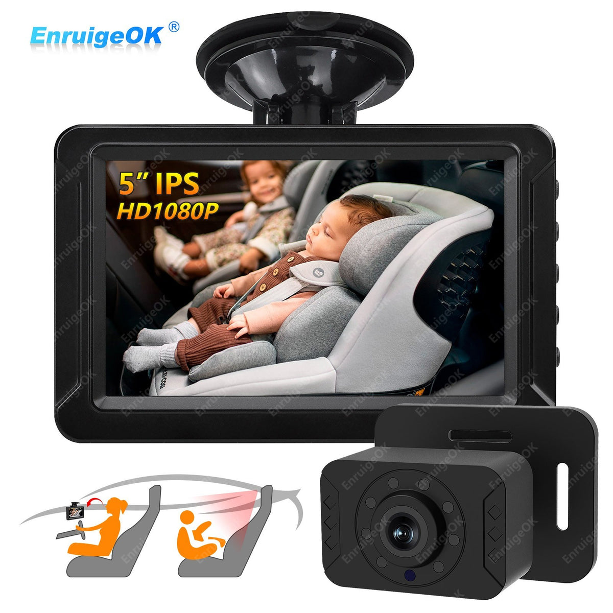 Baby Car Camera 5" 1080P Monitor 360° Rotation USB Plug with HD IR Night Vision0