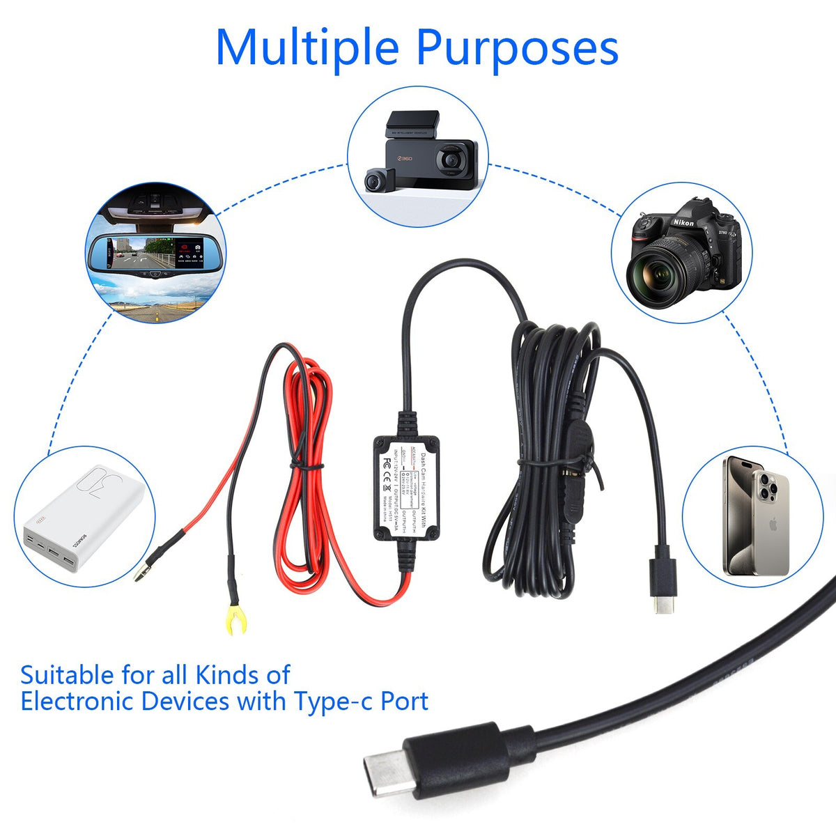 Universal Dash Cam Hardwire Kit 12V-24V to 5V  Mini USB Cable Fuse for Car DVR2
