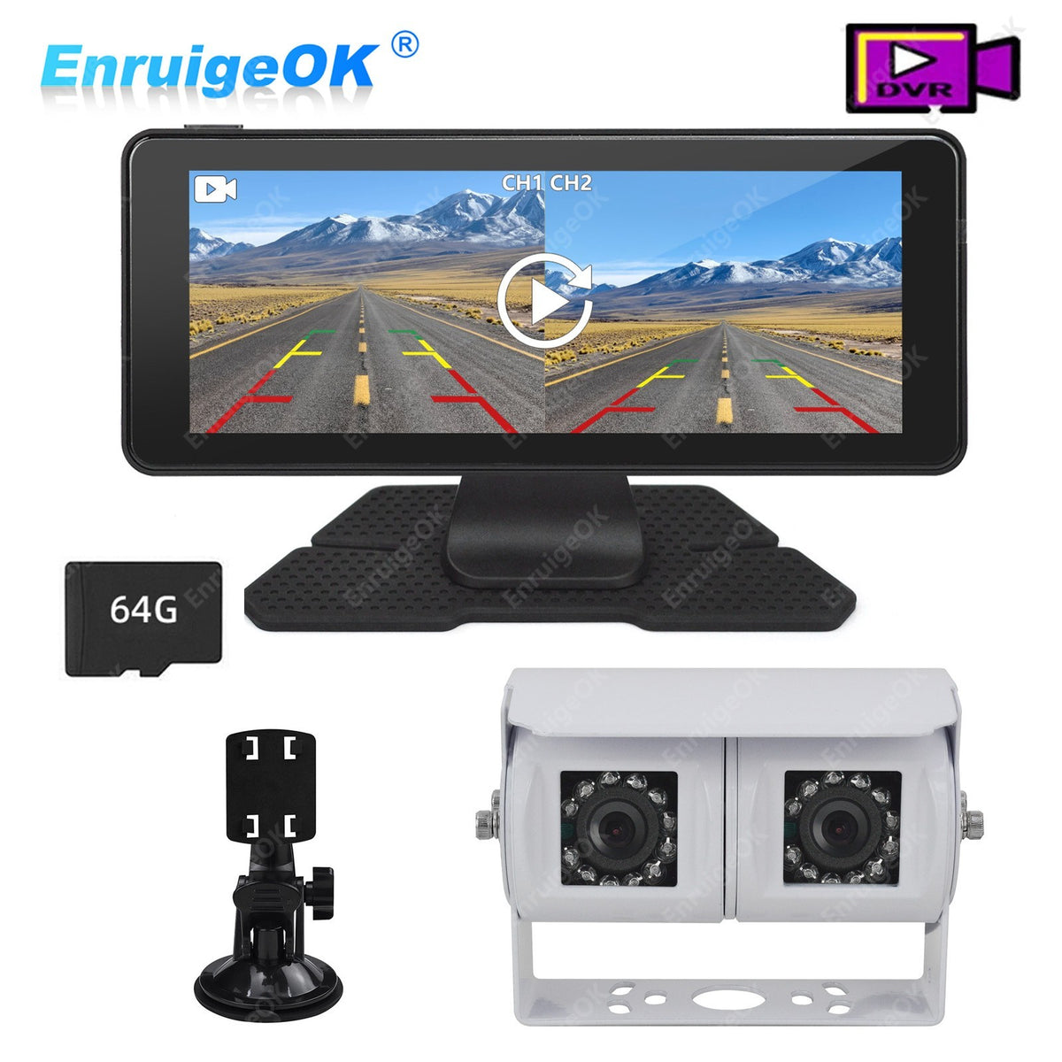 Motorhome Van Twin Reversing Camera&DVR 6.86" Dual Split Rear View Monitor White0