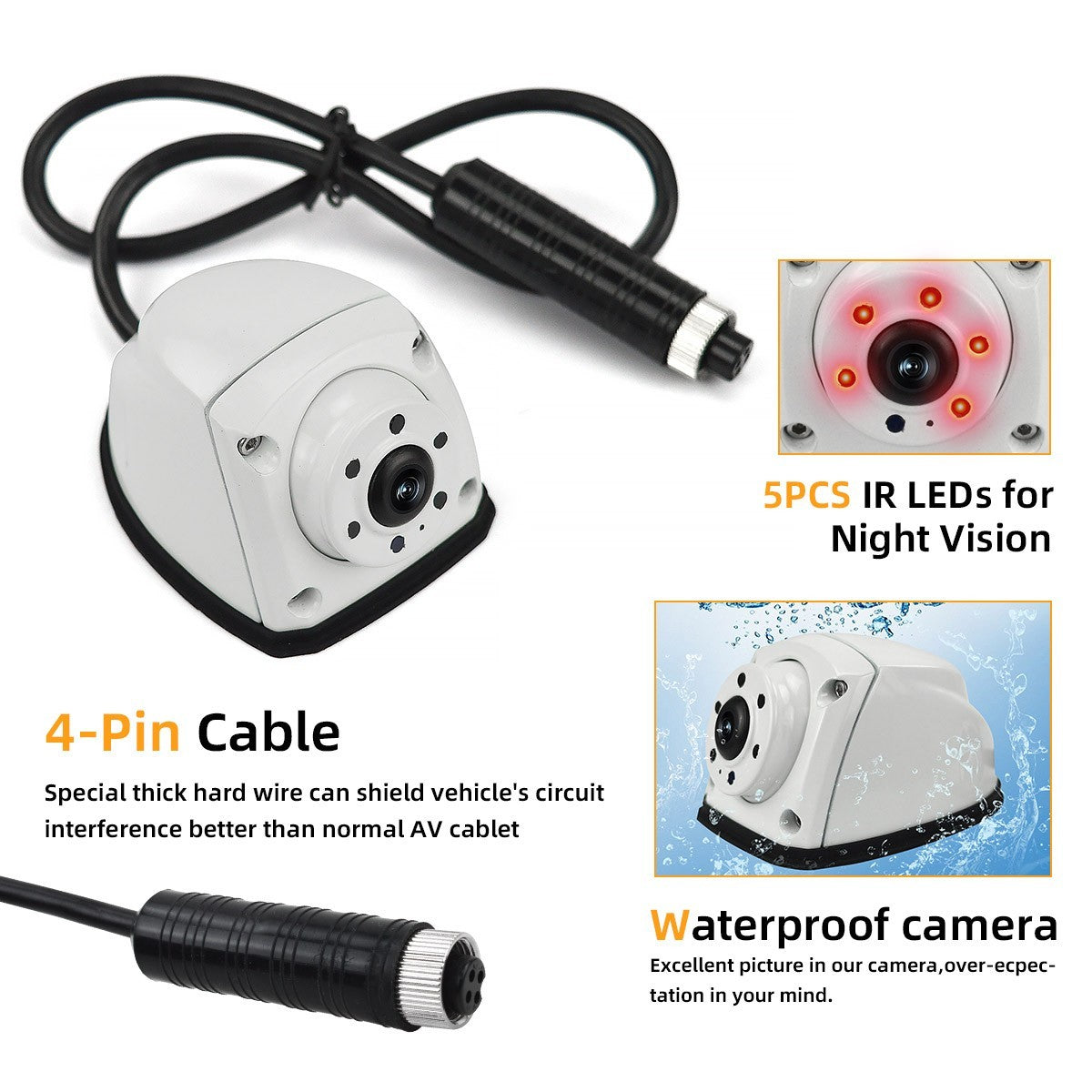White 4PIN Forward/Side View Camera 5 IR LEDs Waterproof 9-35v Truck Caravan Rv5