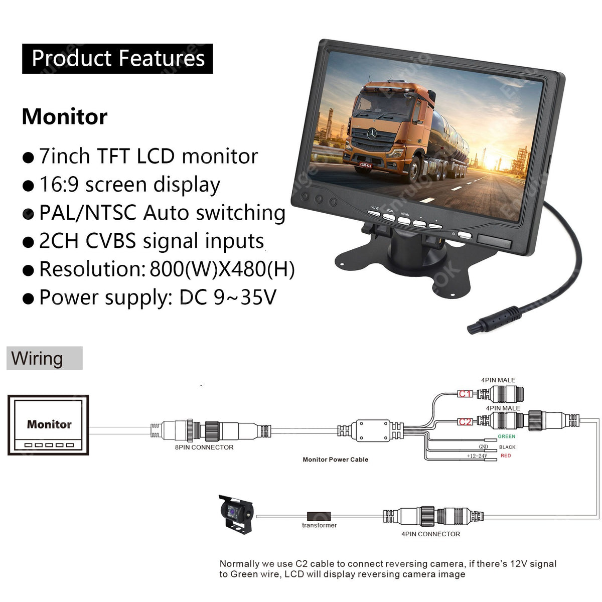 7" Monitor Reversing Backup HD Camera Parking Rear View System For RV Truck Bus17