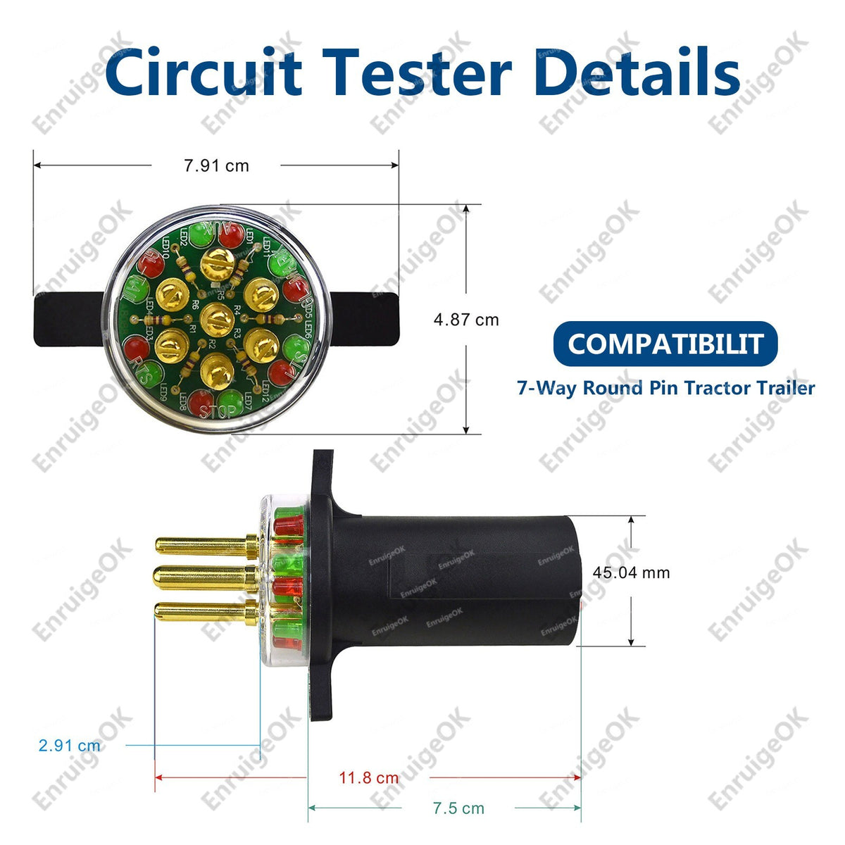 7-Way Round Pin Tractor Plug Tester Trailer Circuit Tractor Trailer #7865L2