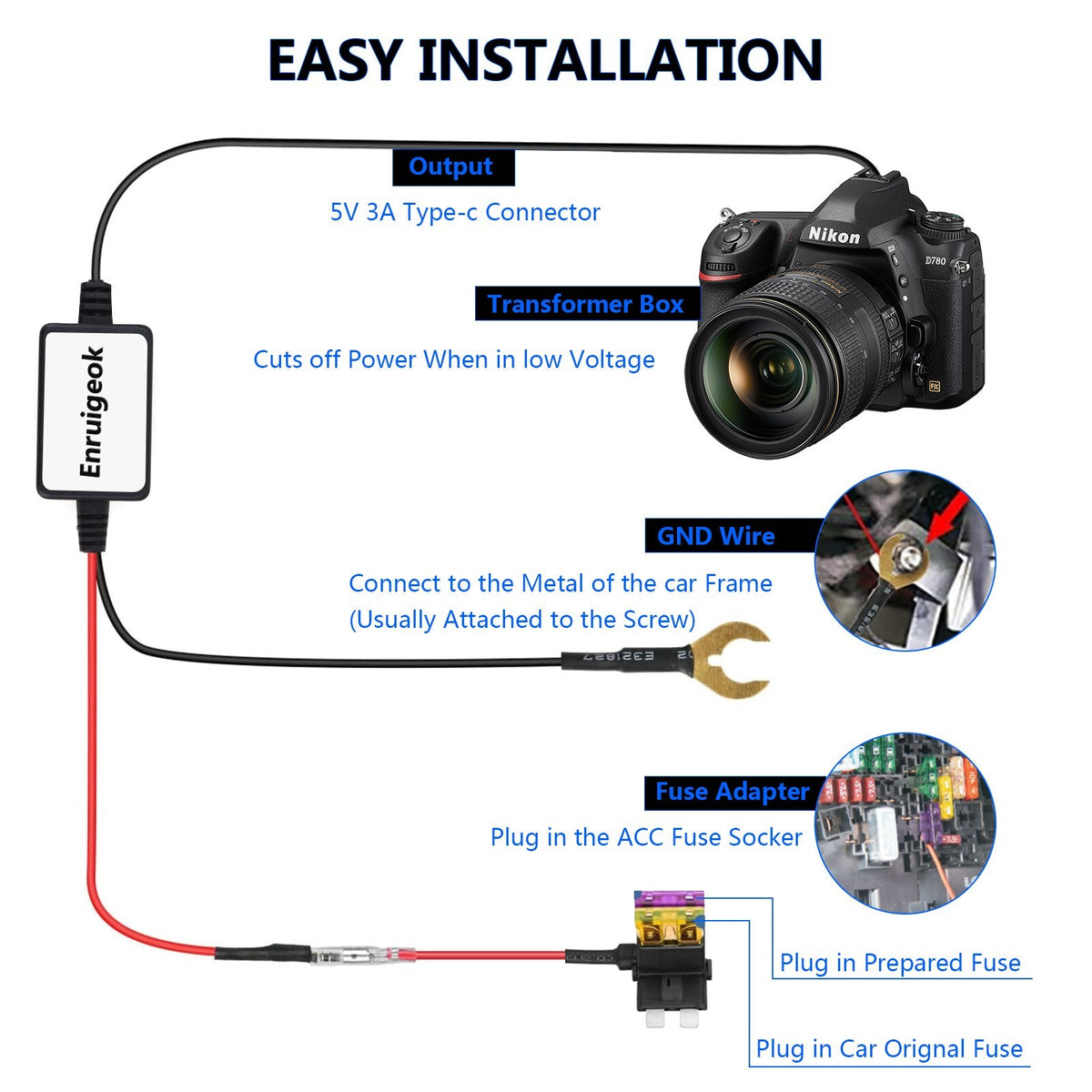 Universal Dash Cam Hardwire Kit 12V-24V to 5V  Mini USB Cable Fuse for Car DVR6