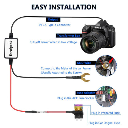 Universal Dash Cam Hardwire Kit 12V-24V to 5V  Mini USB Cable Fuse for Car DVR6