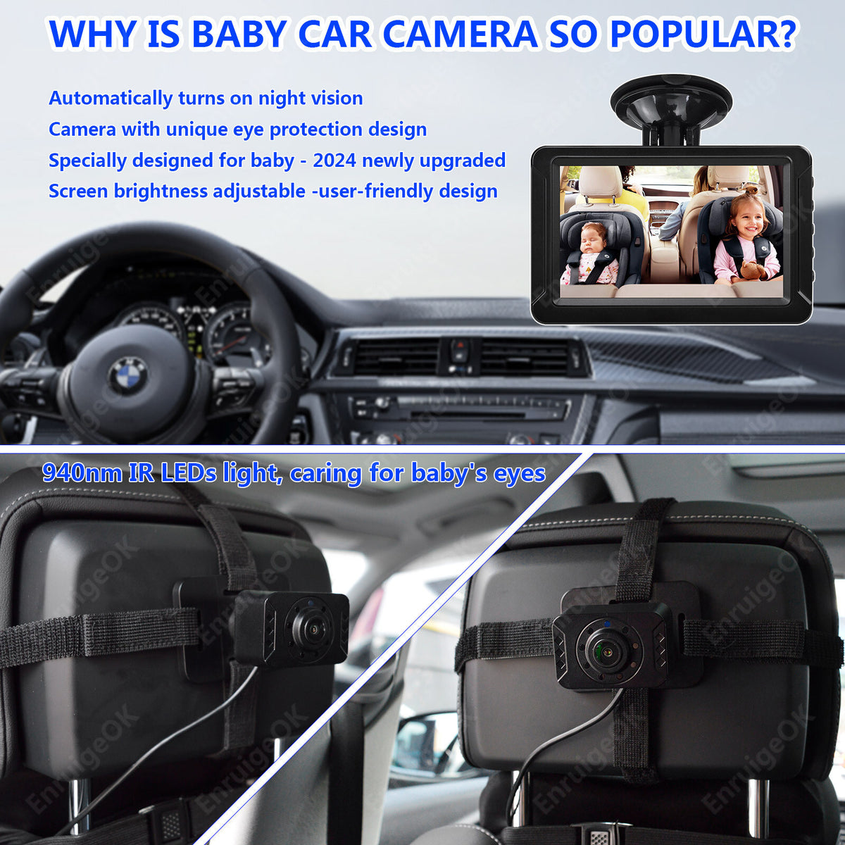 5'' 1080P Baby Car Camera Monitor for Rear Seat HD IR Night Vision2