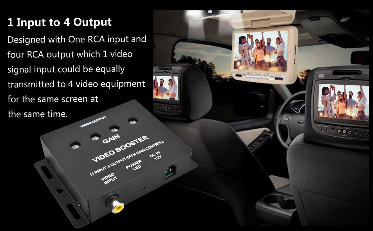 1-Input to 4-Outputs 4 Channels RCA Video Signal Booster Splitter In-Car Monitor1