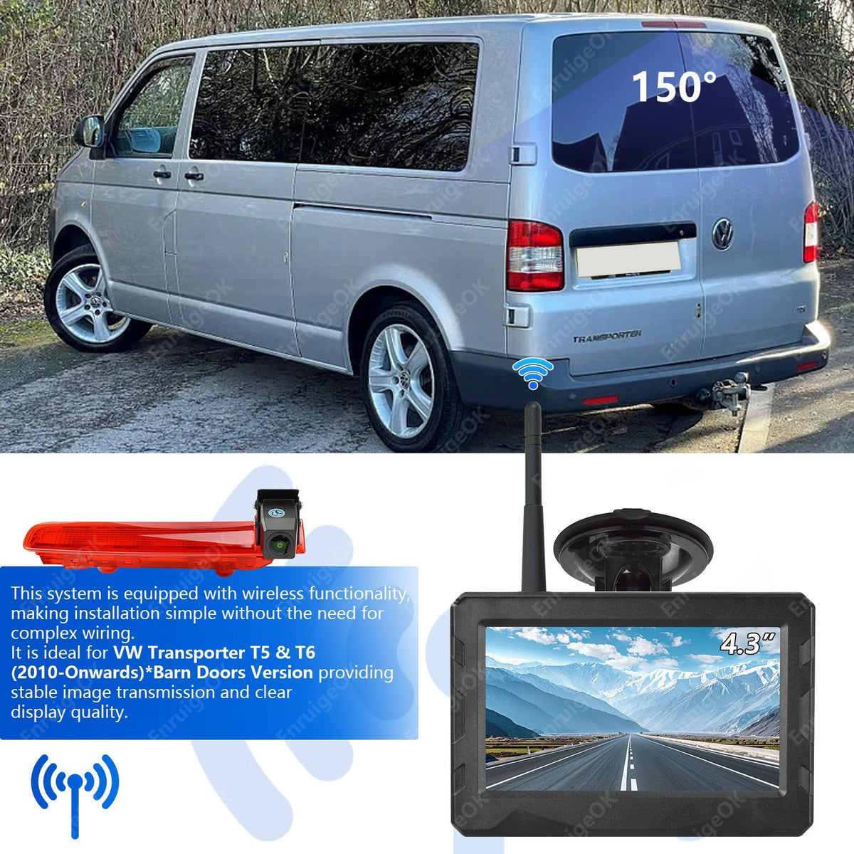 Wireless Brake Light Camera For VW Transporter T5/T6 Barn Doors + 4.3" Monitor2