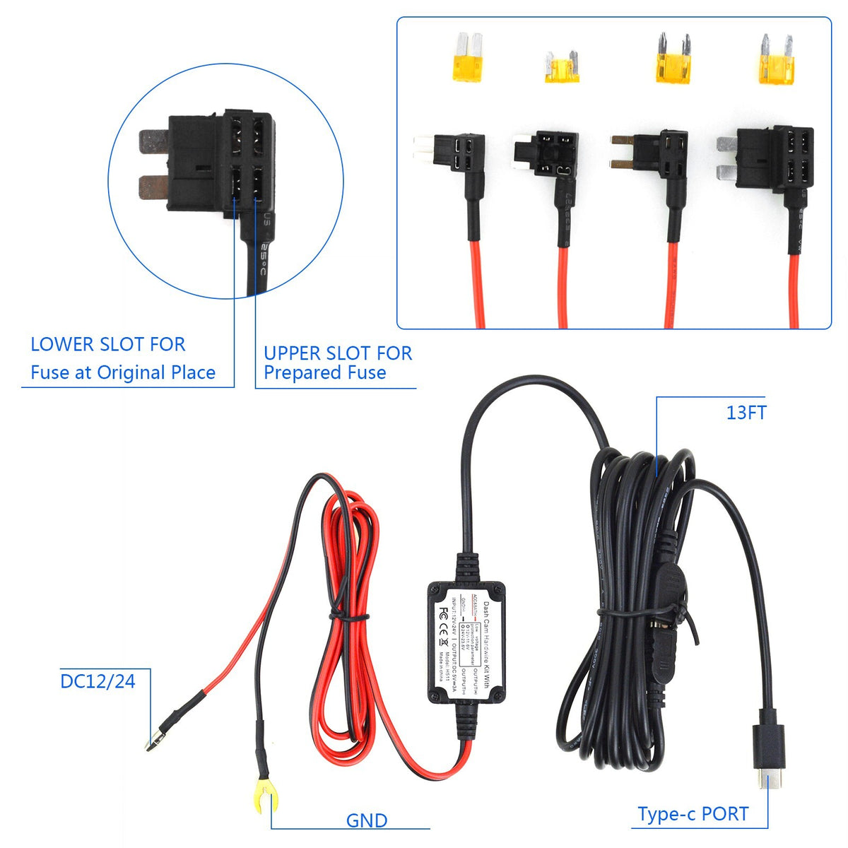 Universal Dash Cam Hardwire Kit 12V-24V to 5V  Mini USB Cable Fuse for Car DVR5