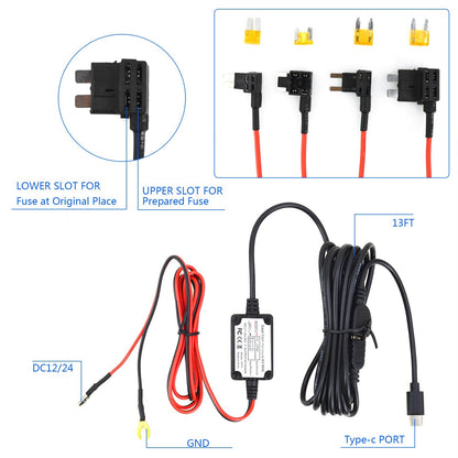 Universal Dash Cam Hardwire Kit 12V-24V to 5V  Mini USB Cable Fuse for Car DVR5