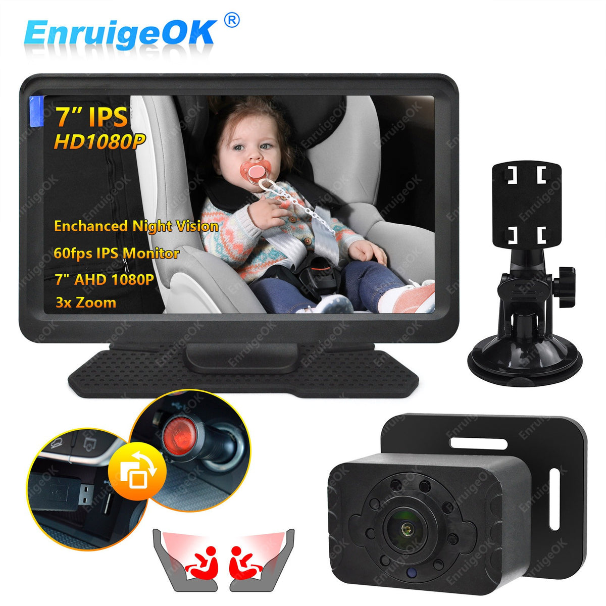 7" Baby Car Camera for Rear-Facing Seat Easy Install Plug-Play 360° Rotating0
