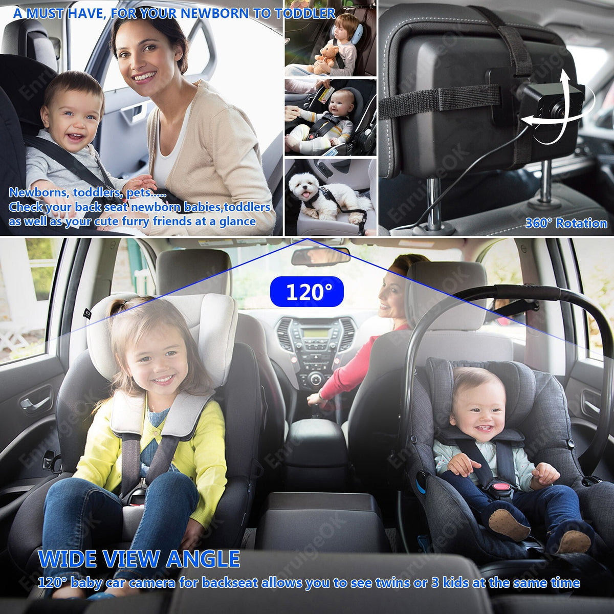 Baby Car Camera 5" 1080P Monitor 360° Rotation USB Plug with HD IR Night Vision5