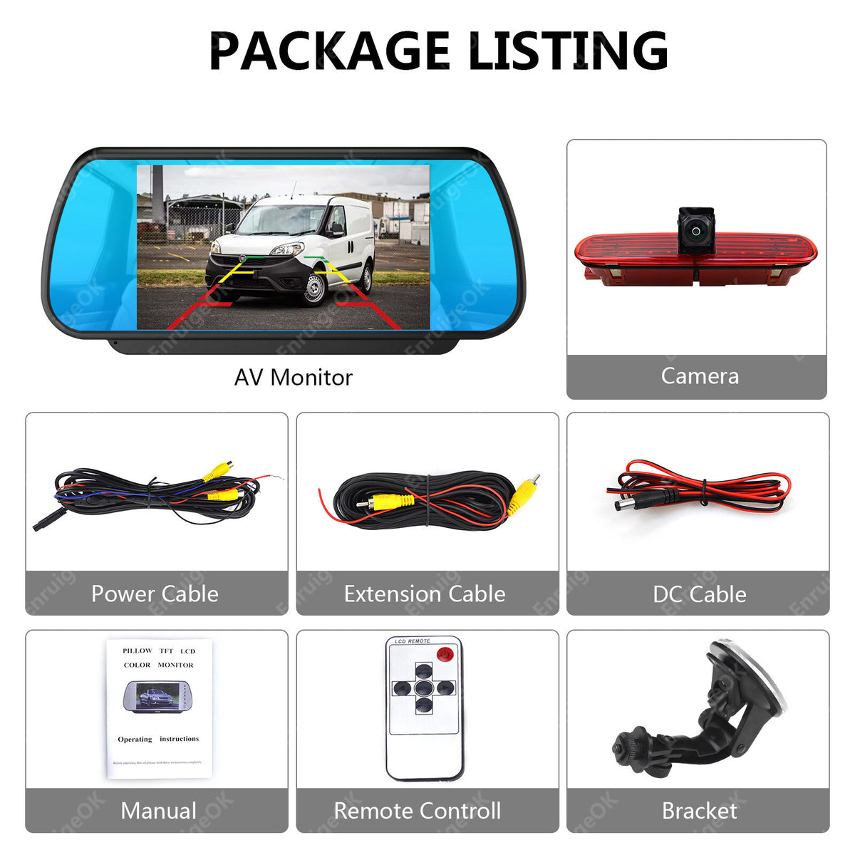 Fiat Doblo Vauxhall Combo Brake Light Reversing Camera & 7" Mirror Monitor Kit6