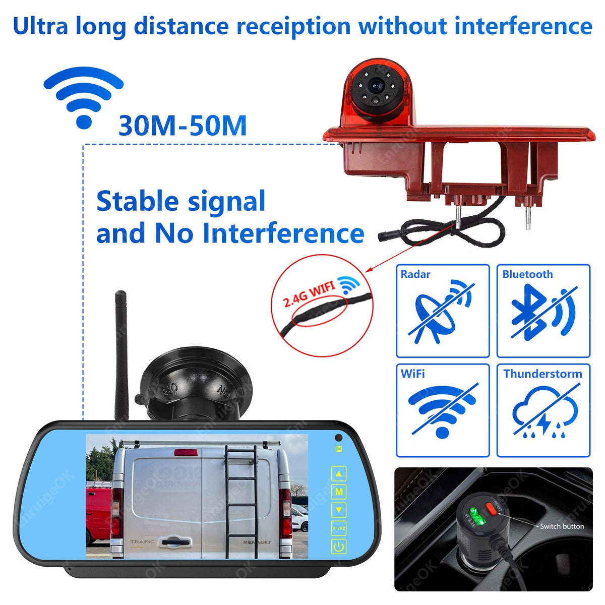 Vauxhall Vivaro Renault Trafic Wireless Rear Brake Light Reversing Camera Kit3