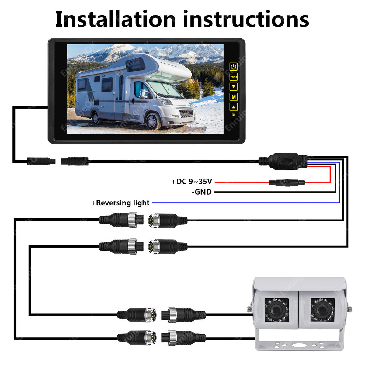 Dual Head 4Pin Reversing Rear View Camera 9" Mirror Monitor 9-35V Truck Caravan