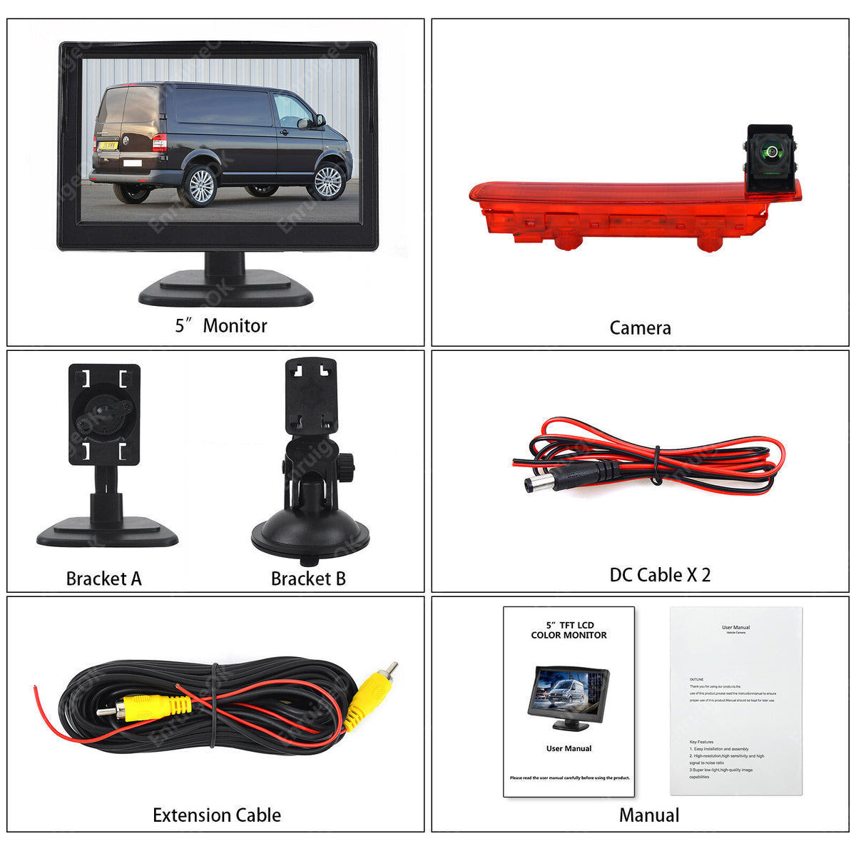 Brake Light Reverse Camera Kit & 5" Monitor for VW Transporter T5/T6 Barn Doors9