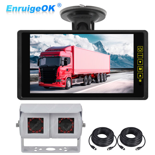 Dual Head 4Pin Reversing Rear View Camera 9" Mirror Monitor 9-35V Truck Caravan0