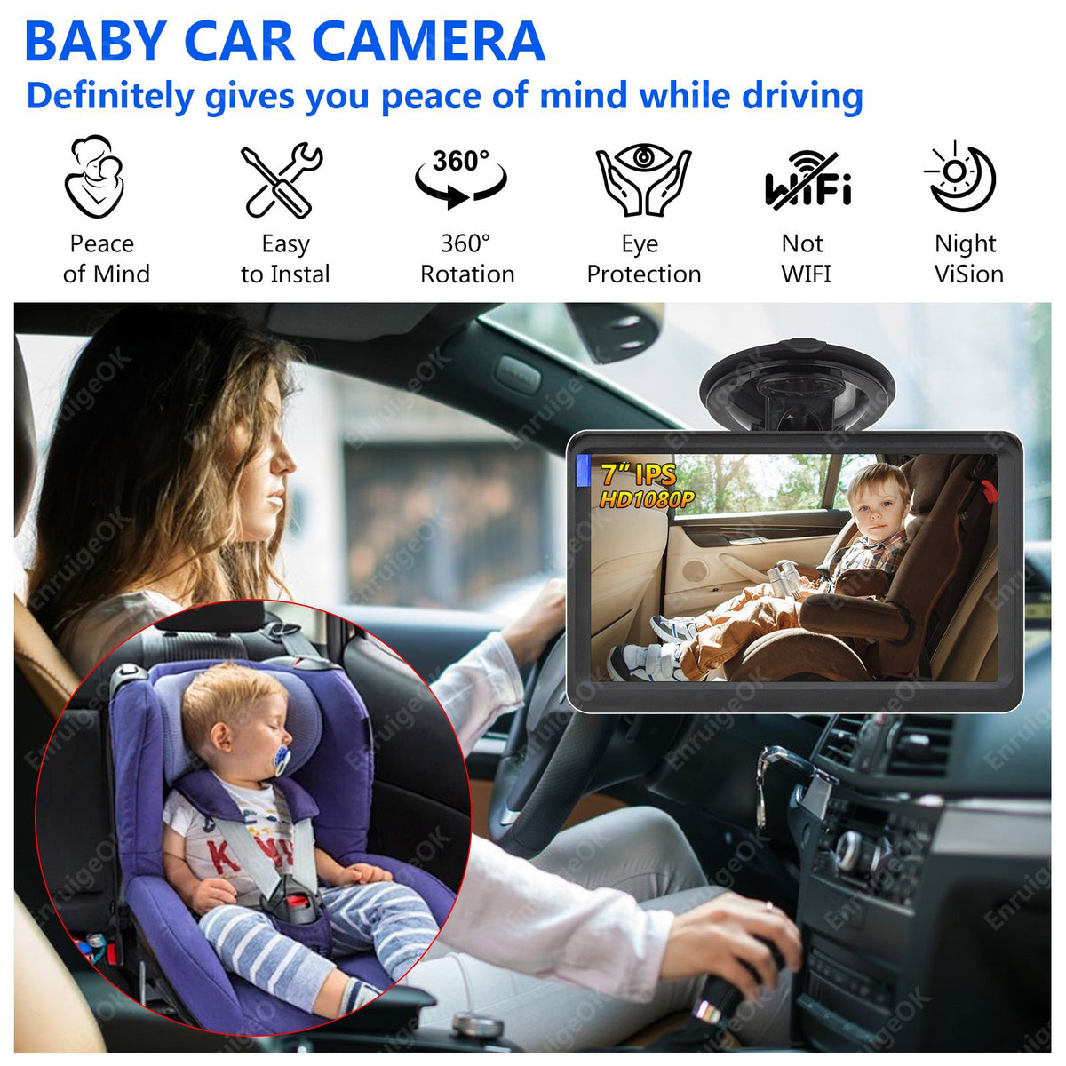 7" Baby Car Camera for Rear-Facing Seat Easy Install Plug-Play 360° Rotating1