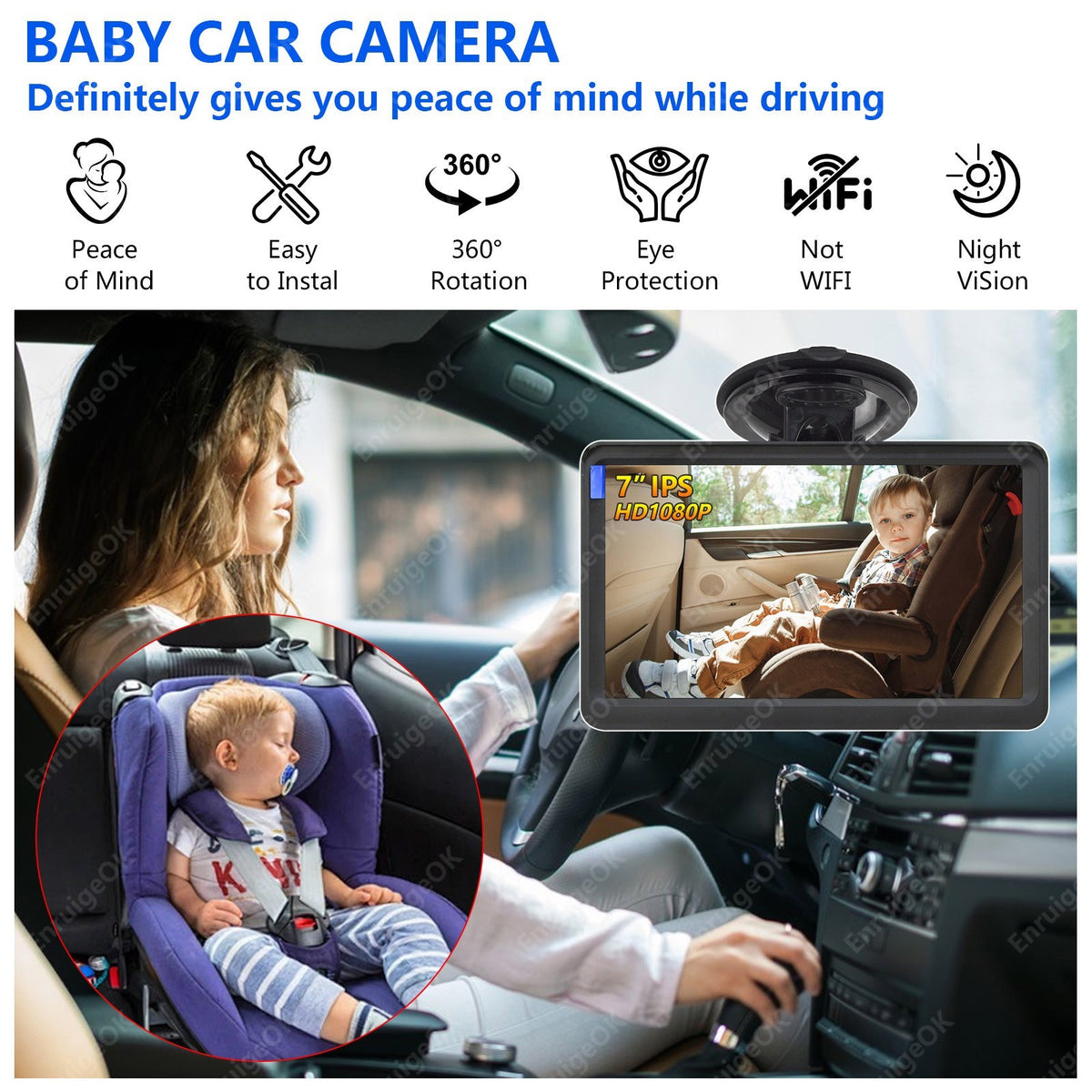 Baby Car Camera AHD 1080P Night Vision 3X Zoom USB Plug 7'' IPS Full View Screen1