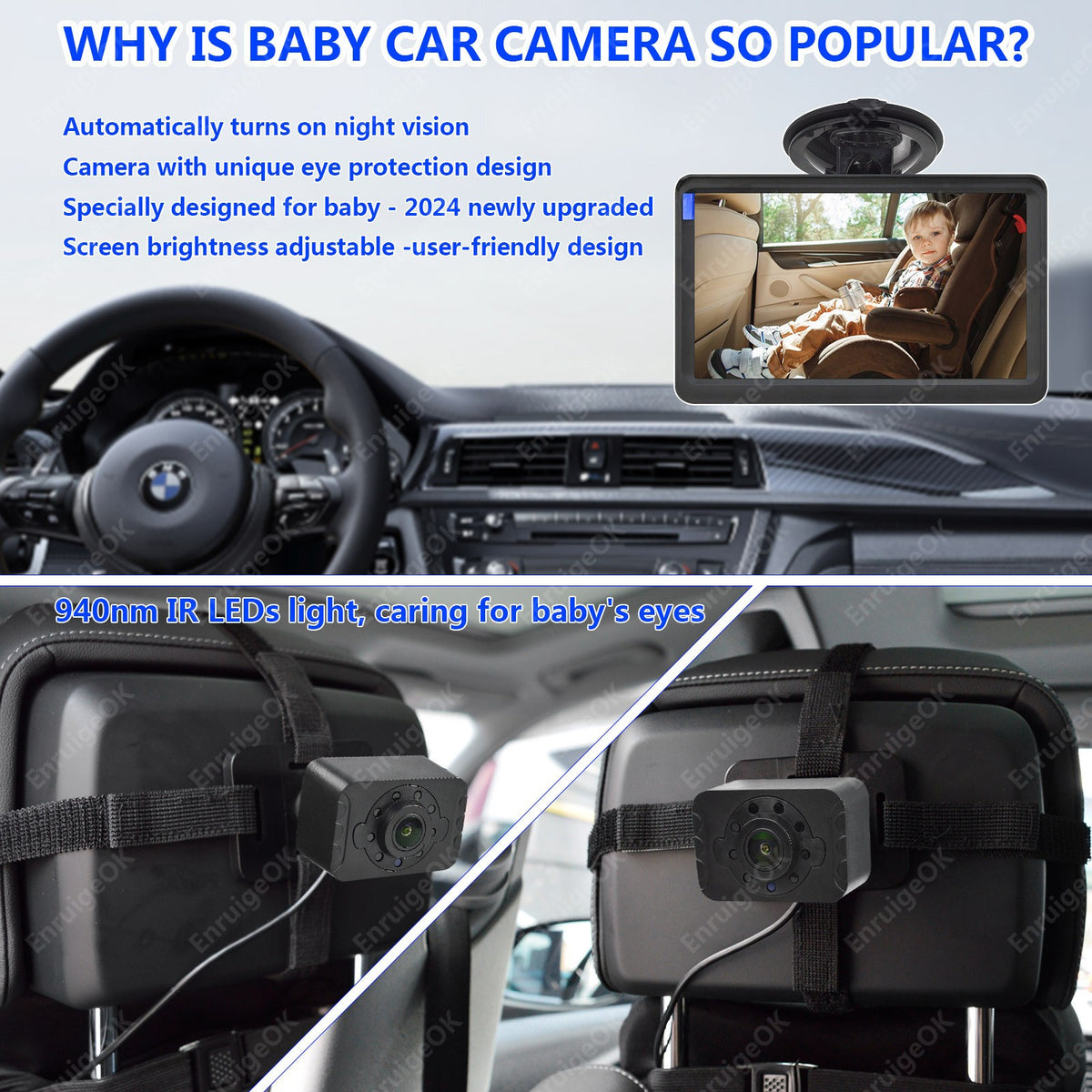 7" Baby Car Camera for Rear-Facing Seat Easy Install Plug-Play 360° Rotating2