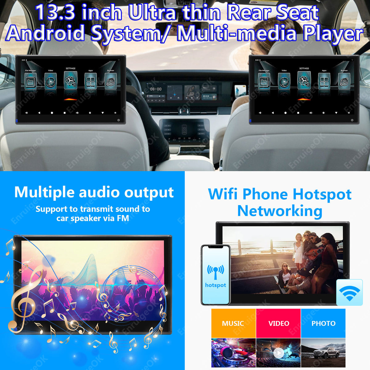 13.3" Android Headrest Monitor WIFI Car Player Bluetooth Rear Seat Entertainment2