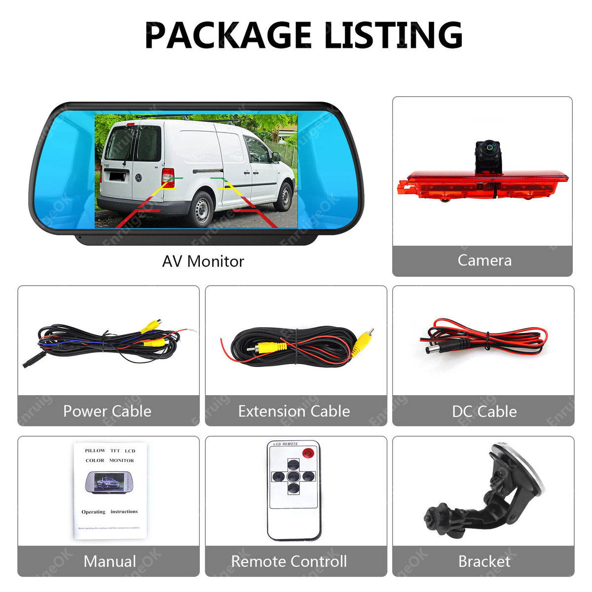7" Mirror Monitor & Rear Brake Light Reversing Camera for VW Caddy 2003-20159
