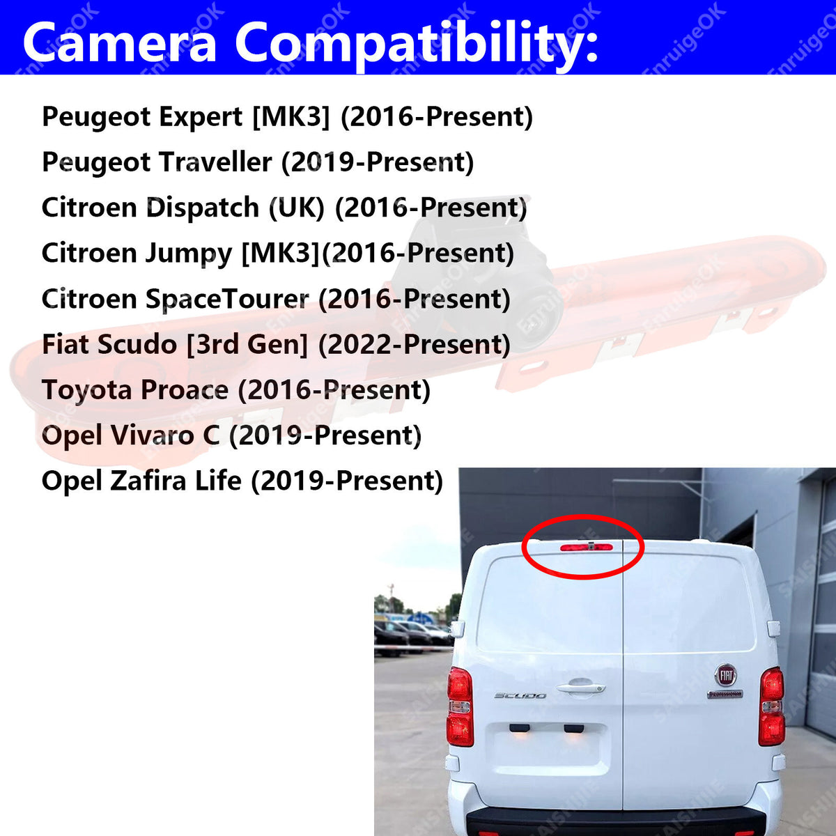 Rear Reverse Camera Kit for Peugeot Expert Citroen Dispatch Vauxhall Vivaro2