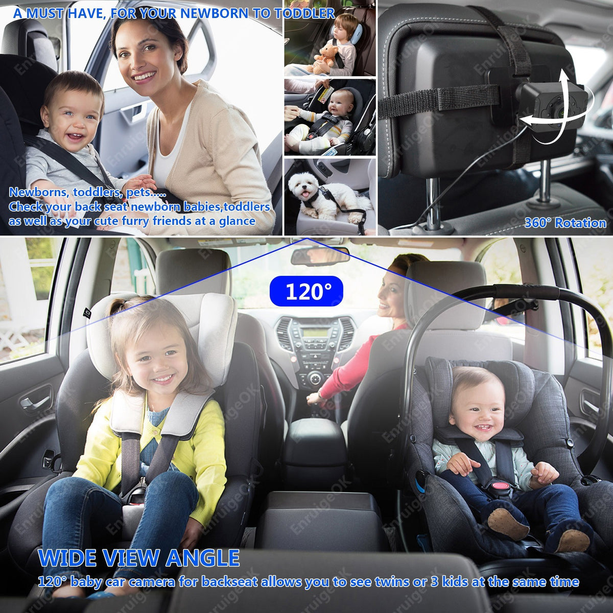 Baby Car Camera AHD 1080P Night Vision 3X Zoom USB Plug 7'' IPS Full View Screen6
