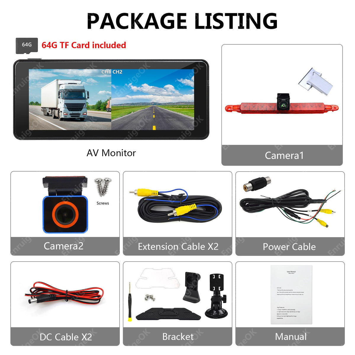 High Mount Brake Light Reversing Camera &6.86" Split-Screen DVR Monitor for Vans22