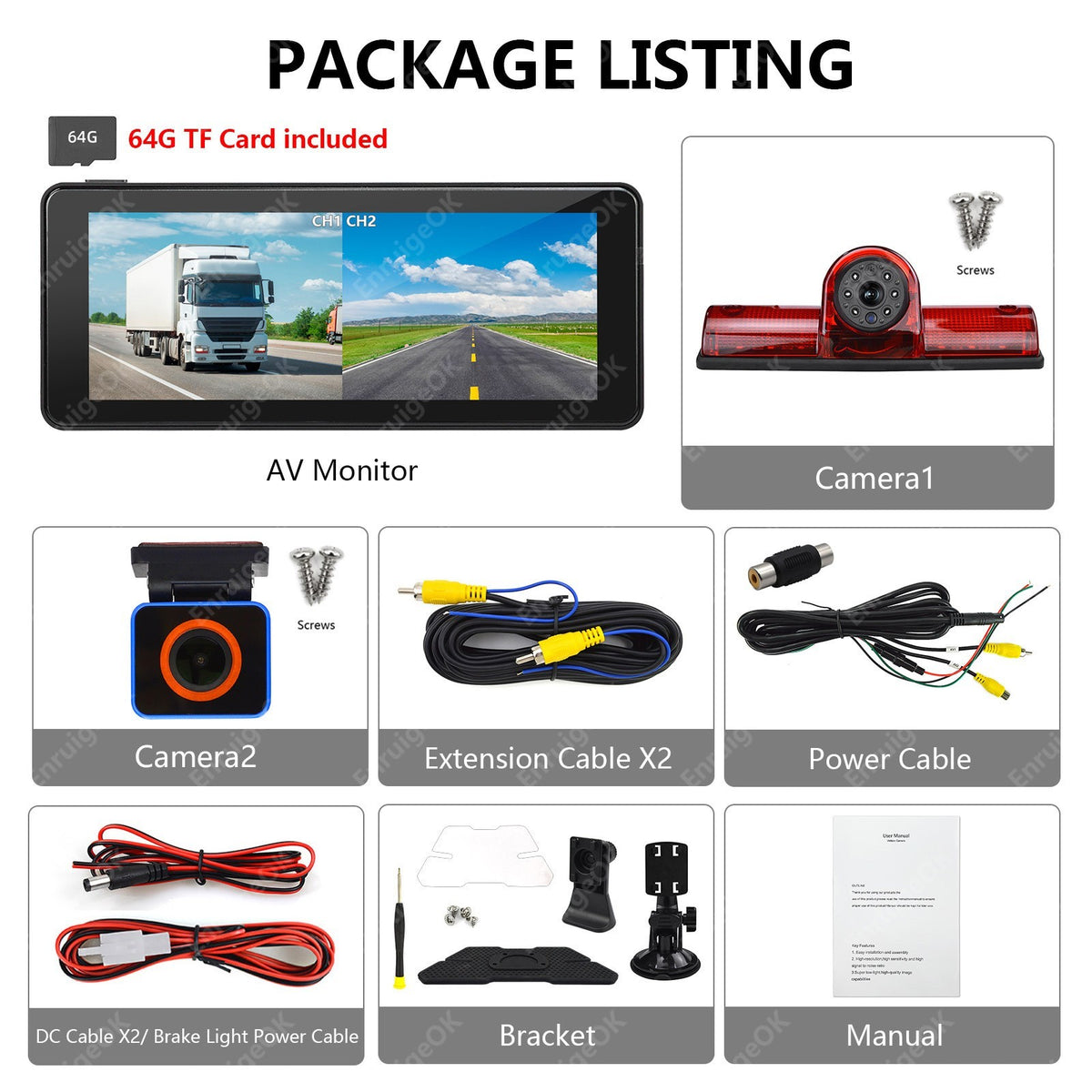 Rear Brake Light Reversing Camera Kit & 6.86" DVR Display for Van/Bus/Motorhome22