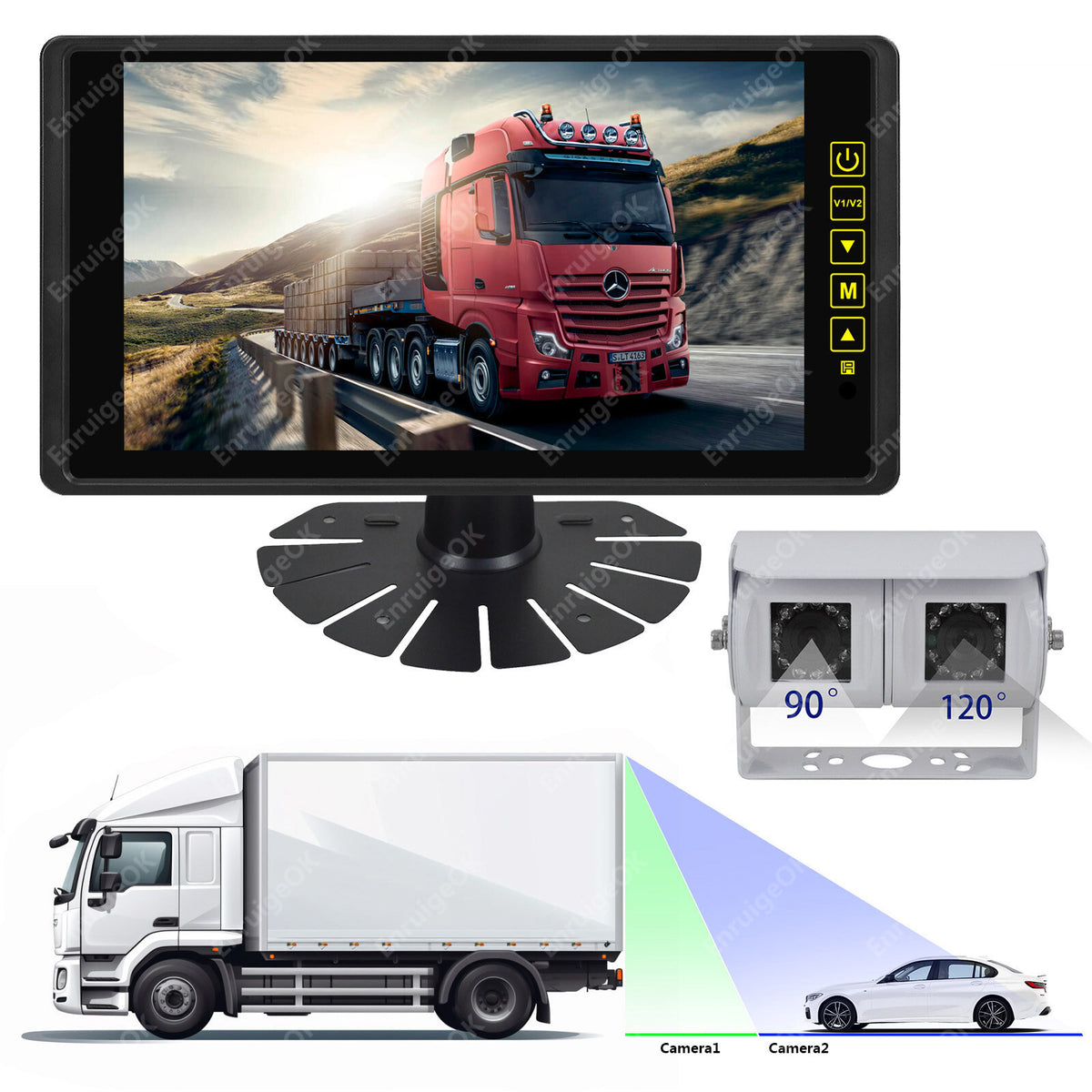Dual Head 4Pin Reversing Rear View Camera 9" Mirror Monitor 9-35V Truck Caravan