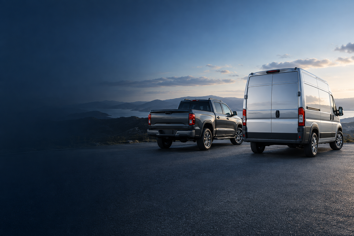 Silver van and graphite pickup on an open road — illustrative brand scene