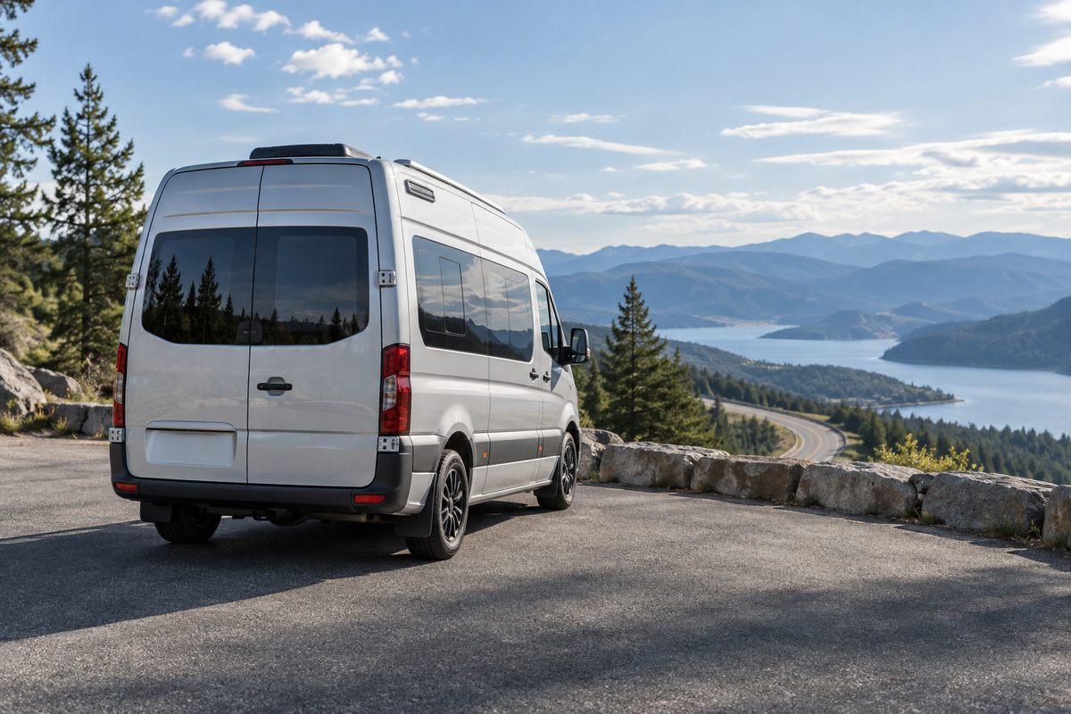 Van beside a mountain road — illustrative brand scene