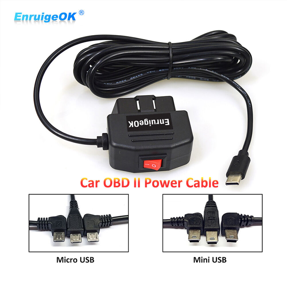 OBD2 to Micro USB Port Power Charging Cable with Switch Button for Car Dash Cam