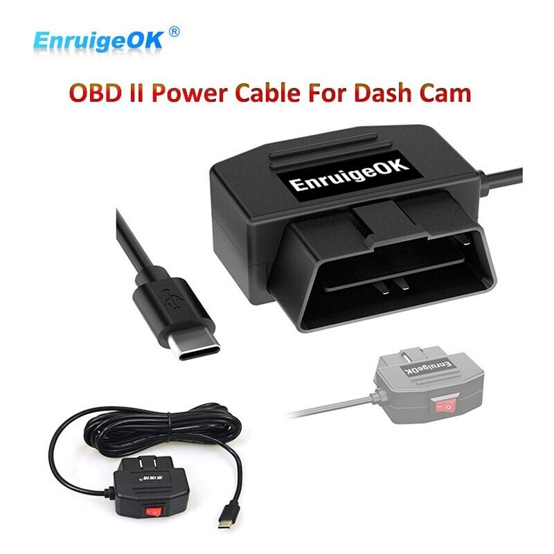 OBD2 to USB Type-C Port Power Charging Cable with Switch Button for Car Dash Cam