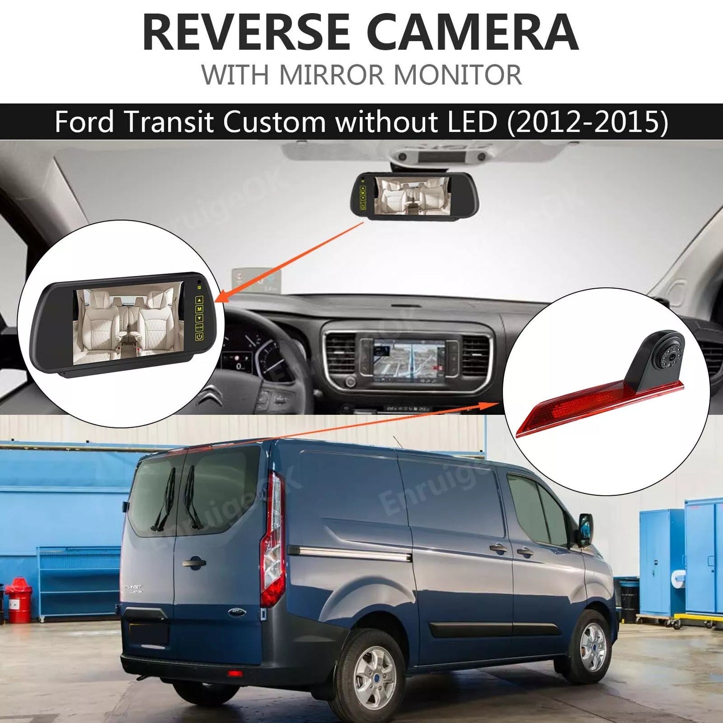 Brake Light Rear View Backup Camera for Ford Transit Custom + 7'' Mirror Monitor