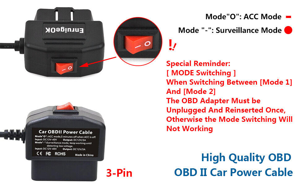 OBD2 to USB Type-C Port Power Charging Cable with Switch Button for Car Dash Cam