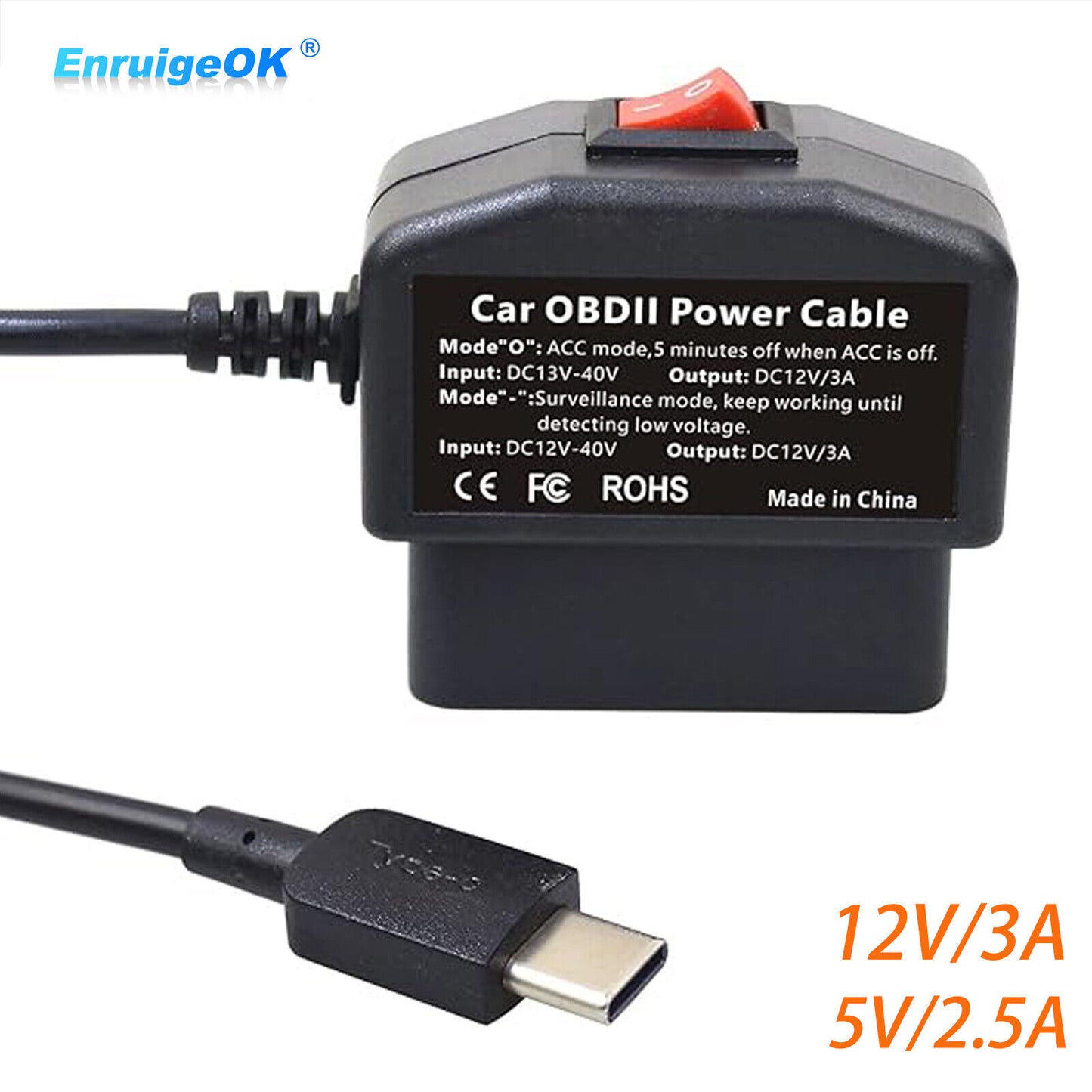 OBD2 to USB Type-C Port Power Charging Cable with Switch Button for Car Dash Cam