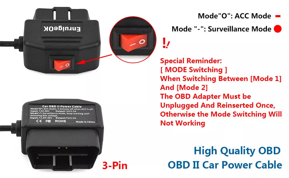 Mini USB to OBD2 Charging Cable Power Adepter with Switch Buttonfor Car Dash Cam