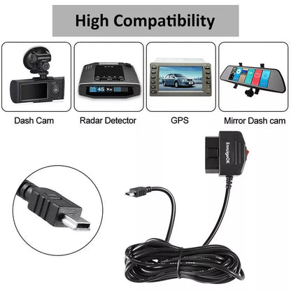 Mini USB to OBD2 Charging Cable Power Adepter with Switch Buttonfor Car Dash Cam