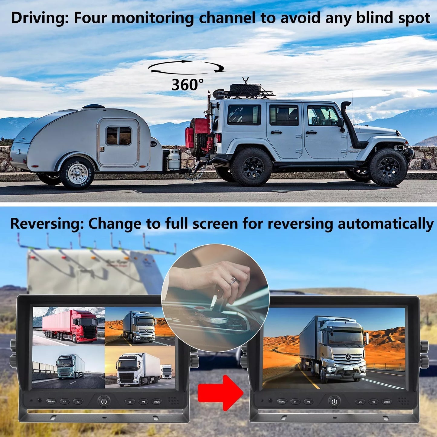 9" Quad Split Screen Monitor Built-in DVR Recorder AHD for Truck Trailer Camera