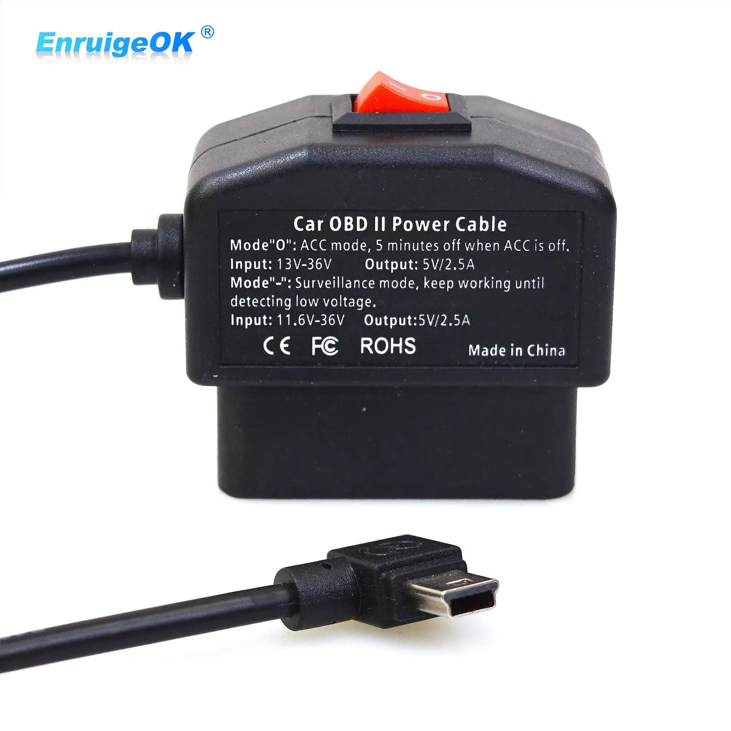 Mini USB to OBD2 Charging Cable Power Adepter with Switch Buttonfor Car Dash Cam