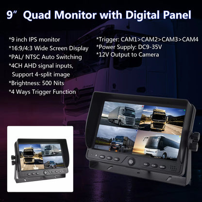 9" Quad Split Screen Monitor Built-in DVR Recorder AHD for Truck Trailer Camera