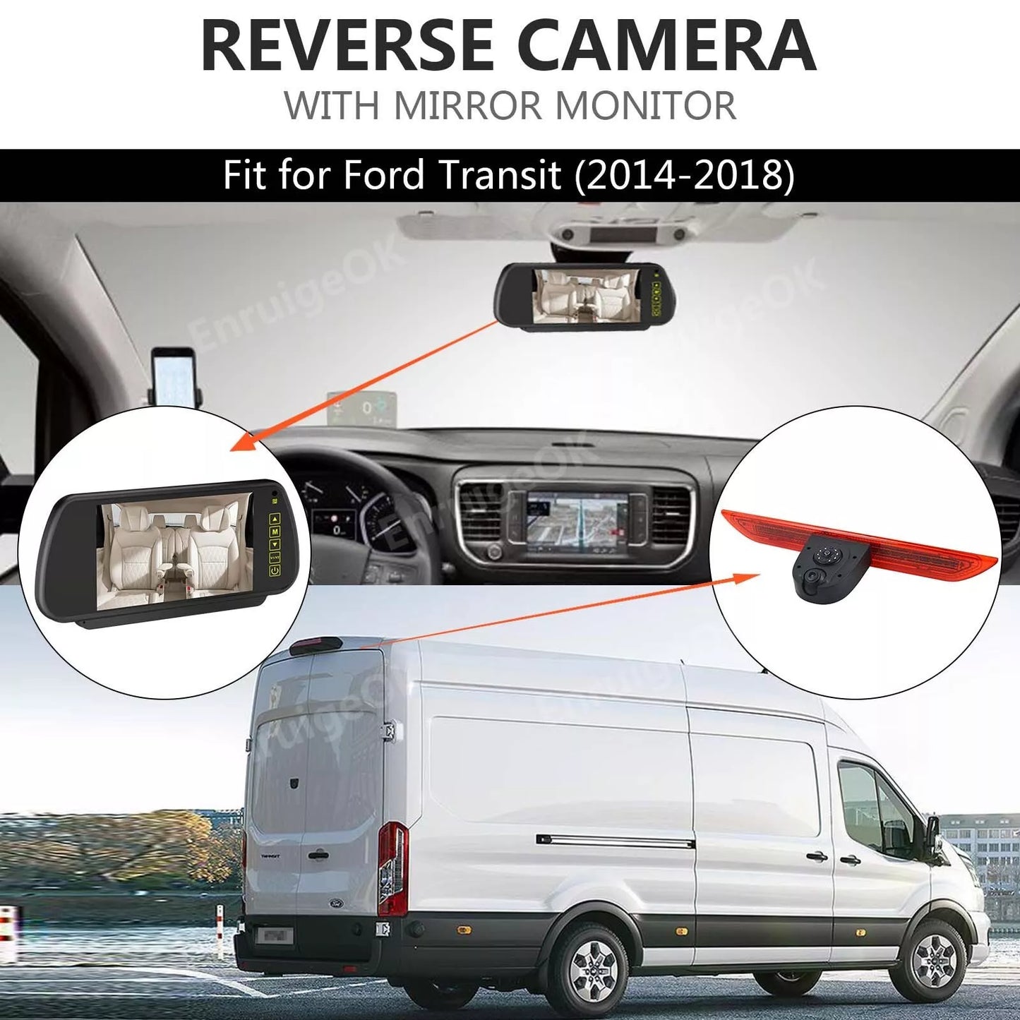 Dual Lens 3rd Brake Light Rear View Backup Camera for Ford Transit + 7'' Monitor