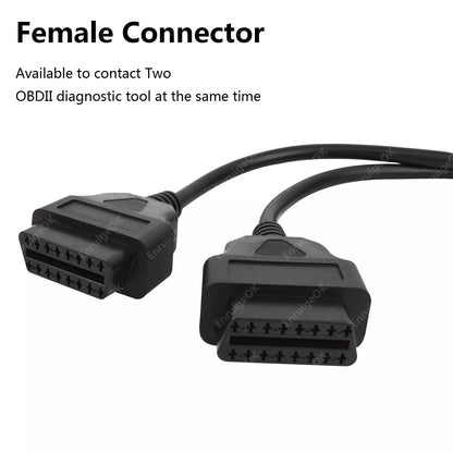 16 Pin OBD2 OBD II Splitter Adapter Cable RA Male to Dual Female Y Cable 30cm