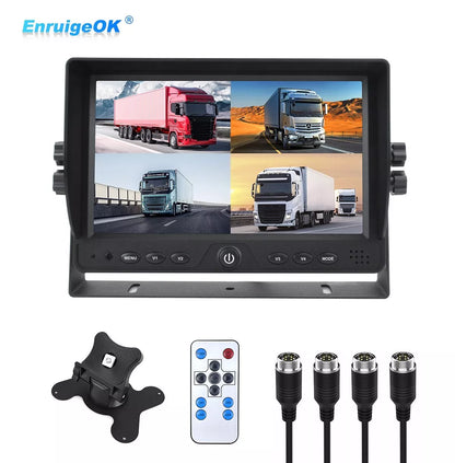 9" Quad Split Screen Monitor 4CH Car Rear View Monitor for Truck Bus RV Camera