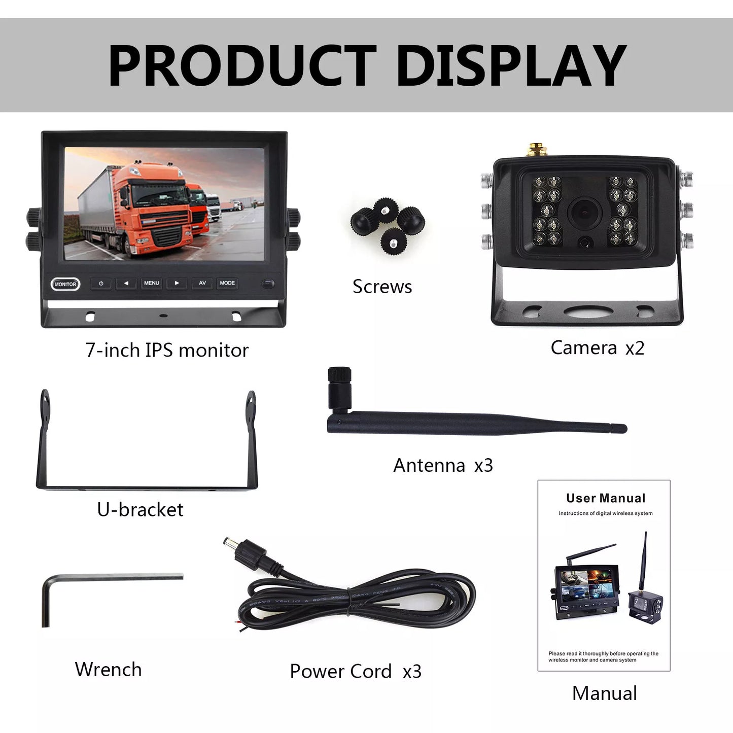 Wireless Backup Camera System 7'' Rear View Monitor For Truck RV Trailer Van Bus