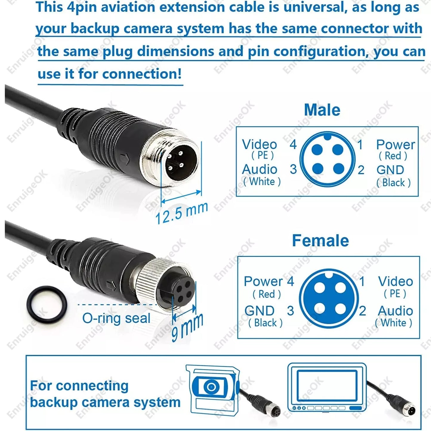 20M 66ft 4Pin Aviation Extension Cable For Rear View Backup Camera Truck Trailer