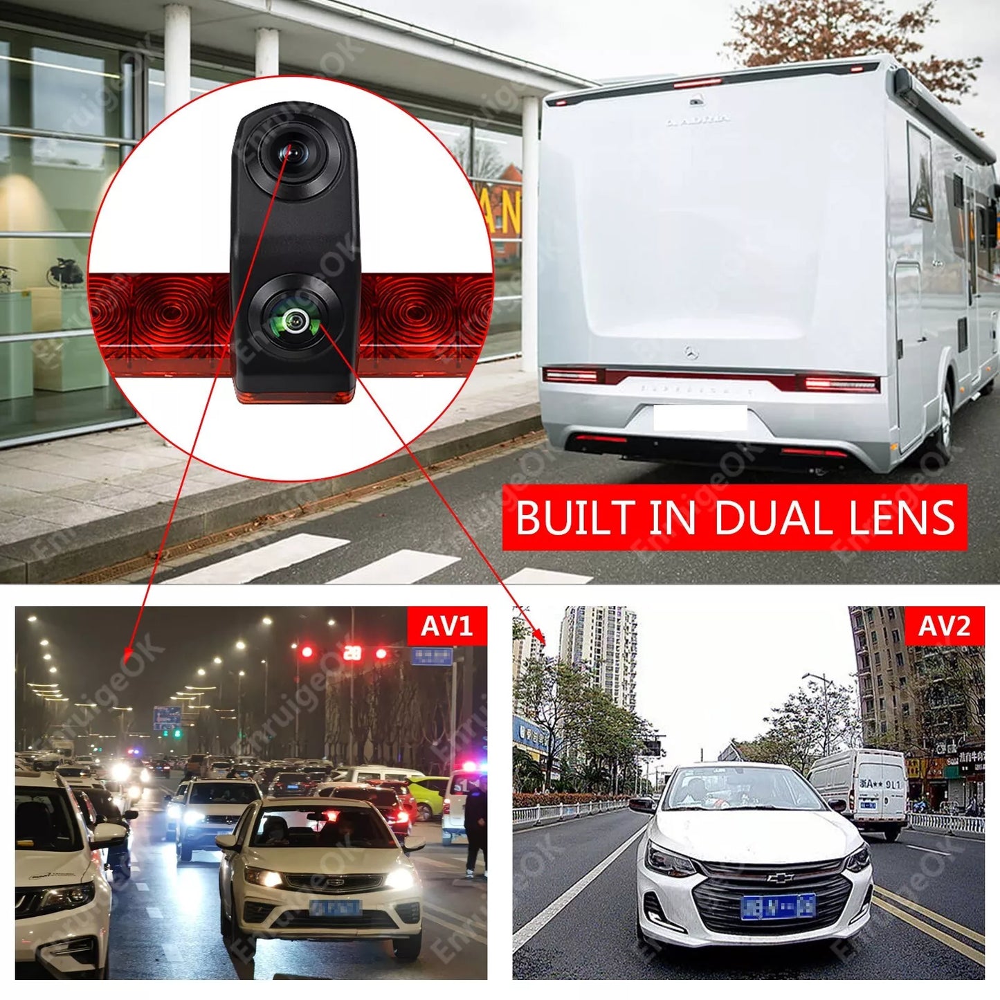 Dual Lens Universal Brake Light Backup Camera Flat Mount for RV, Cargo Van, Bus